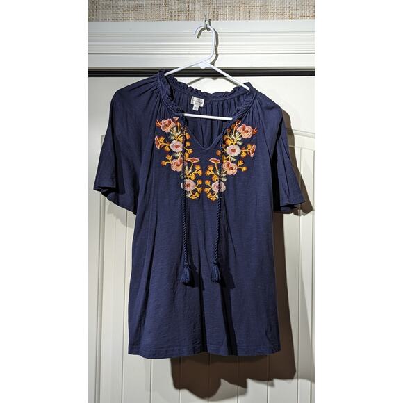 Keep in Touch Floral Embroidered Bell Sleeve Tie Ruffle Neck Top Womens Sz M - Picture 12 of 12